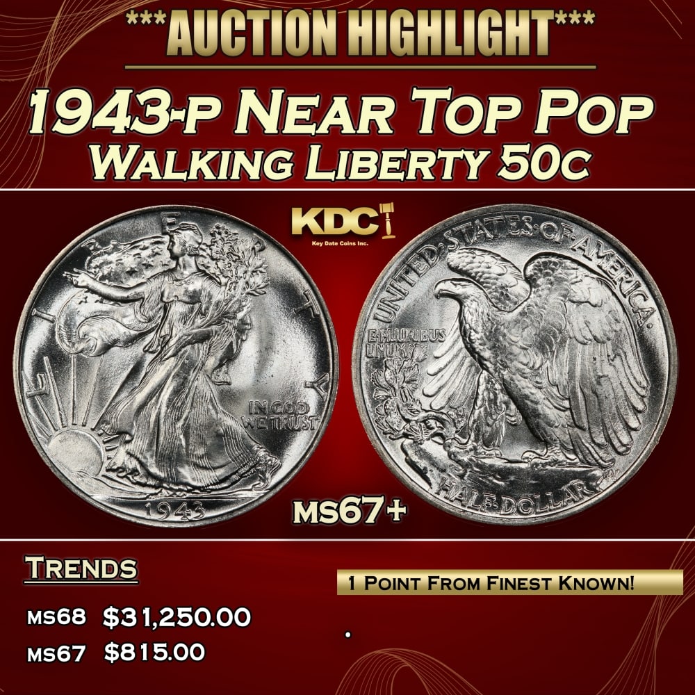 1943-p Walking Liberty Half Dollar Near Top Pop 50c ms67+ SEGS: 1943-p Near Top Pop Walking Liberty Half Dollar 50c ms67+ SEGS. 0