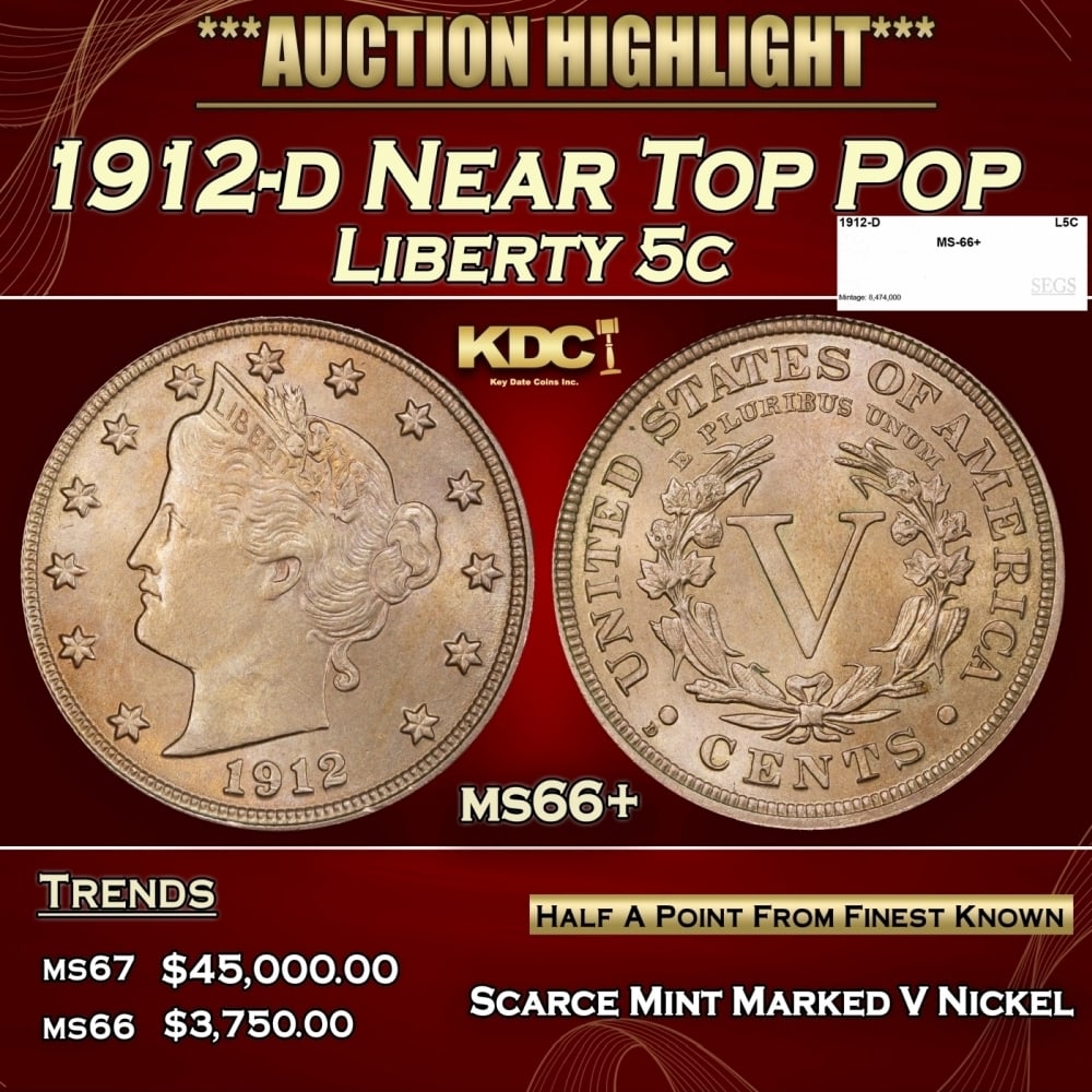 1912-d Liberty Nickel Near Top Pop 5c ms66+ SEGS: 1912-d Near Top Pop Liberty Nickel 5c ms66+ SEGS. 0