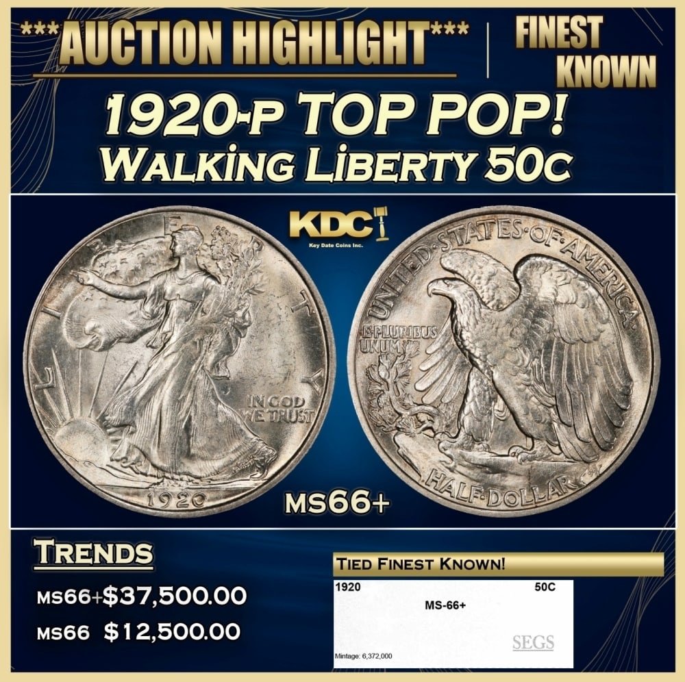 1920-p Walking Liberty Half Dollar TOP POP! 50c ms66+ SEGS: 1920-p TOP POP! Walking Liberty Half Dollar 50c ms66+ SEGS. 0