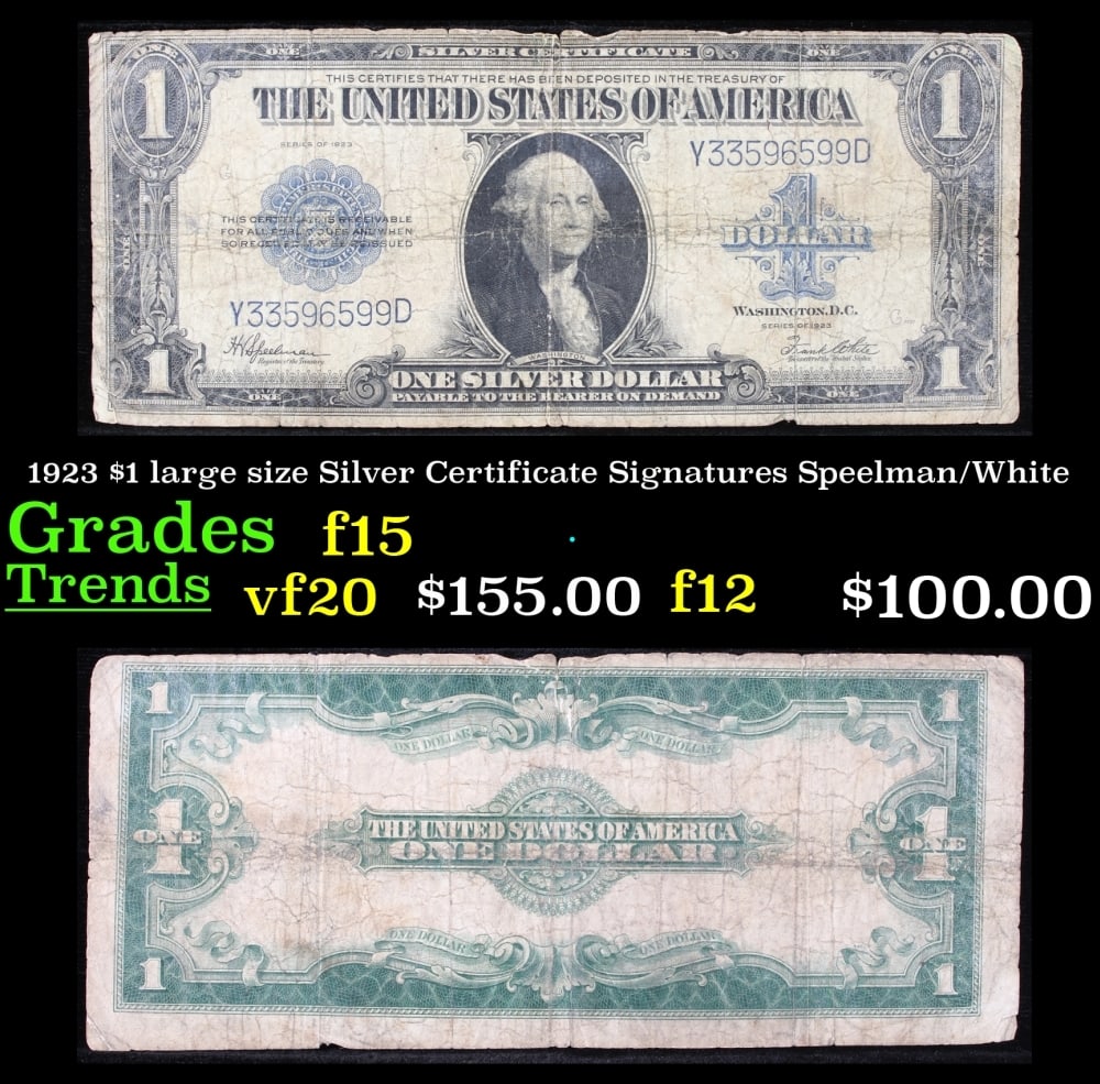 1923 $1 large size Silver Certificate Grades f+ Signatures Speelman/White: 1923 $1 large size Silver Certificate Grades f+ Signatures Speelman/White. Fr-237 The term “horse blanket” gets used a lot when talking about large size currency. It is most frequently used to