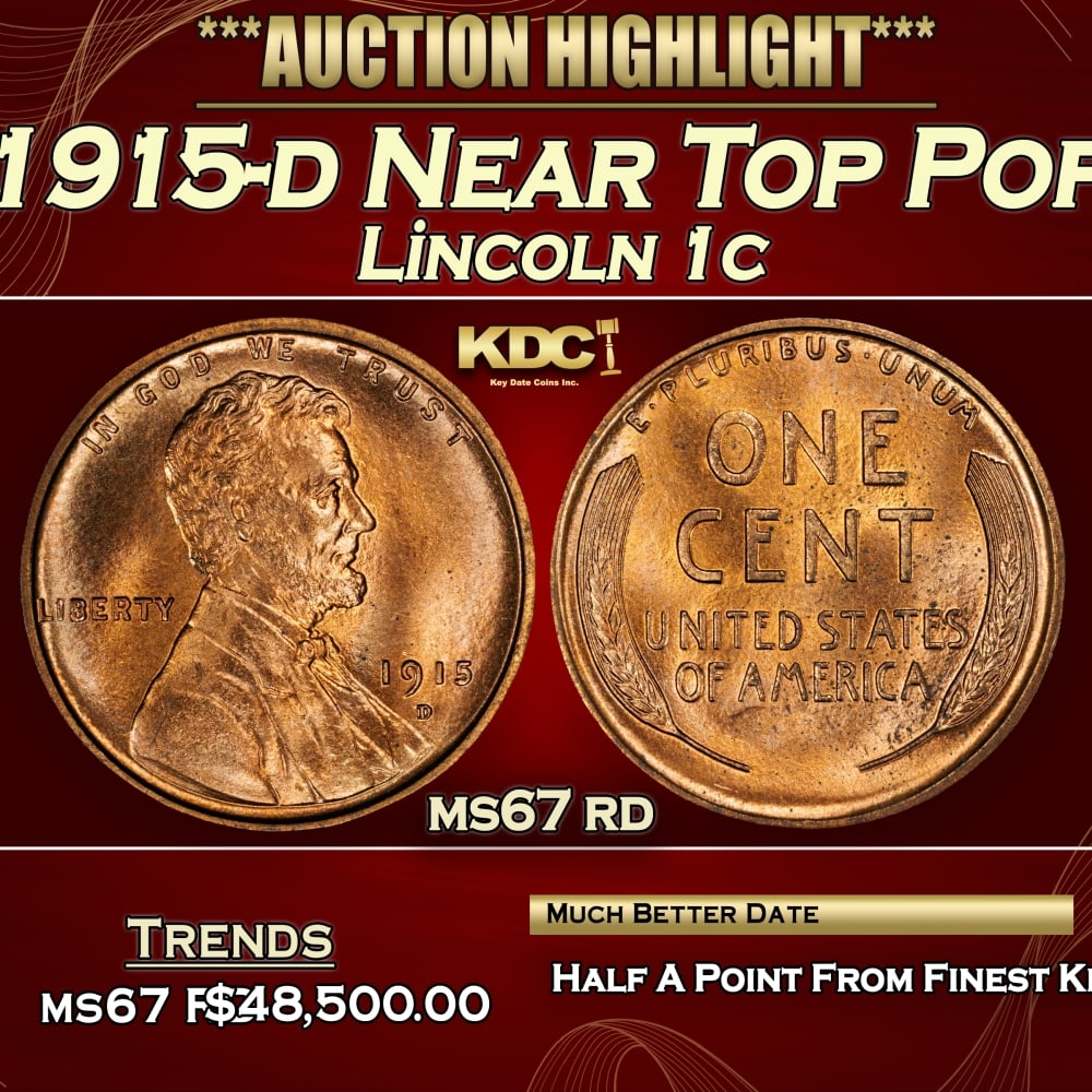 1915-d Lincoln Cent Near Top Pop 1c ms67 rd SEGS: 1915-d Near Top Pop Lincoln Cent 1c ms67 rd SEGS. Incredibly scarce date. Per David Hall at PCGS " Like the 1913-D, the 1915-D is a scarce and somewhat underrated semi-key date" 0