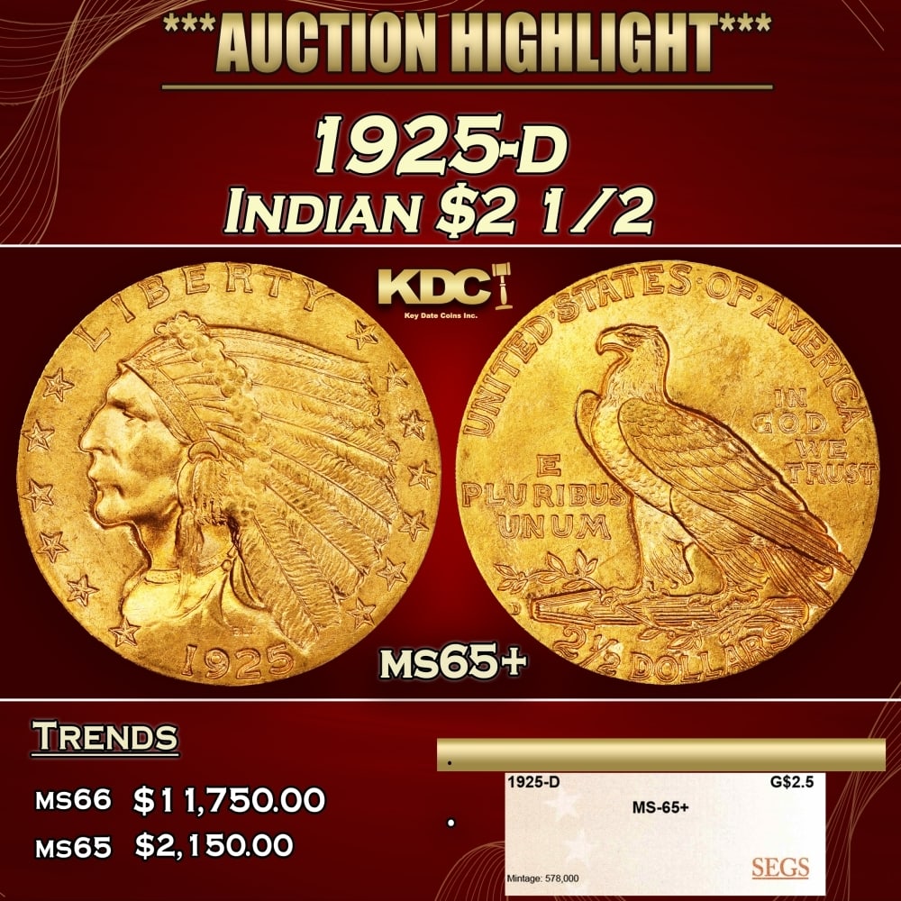 1925-d Gold Indian Quarter Eagle $2 1/2 ms65+ SEGS: 1925-d Gold Indian Quarter Eagle $2 1/2 ms65+ SEGS. Historic precious metal trends is causing increased spot pricing by the day. On auctions with set openings, we are doing our best to have items pric