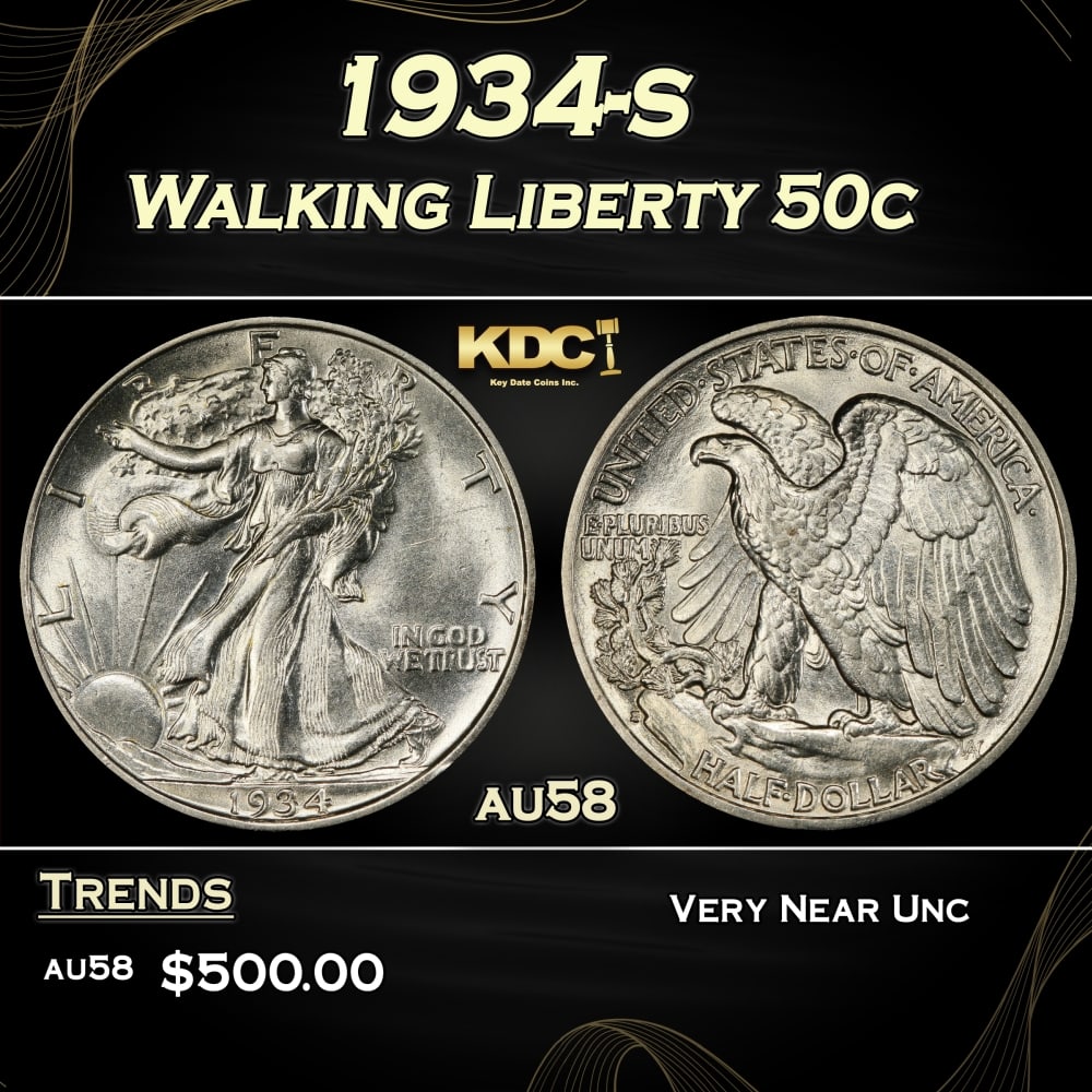 1934-s Walking Liberty Half Dollar 50c Grades au58: 1934-s Walking Liberty Half Dollar 50c Grades au58. 0