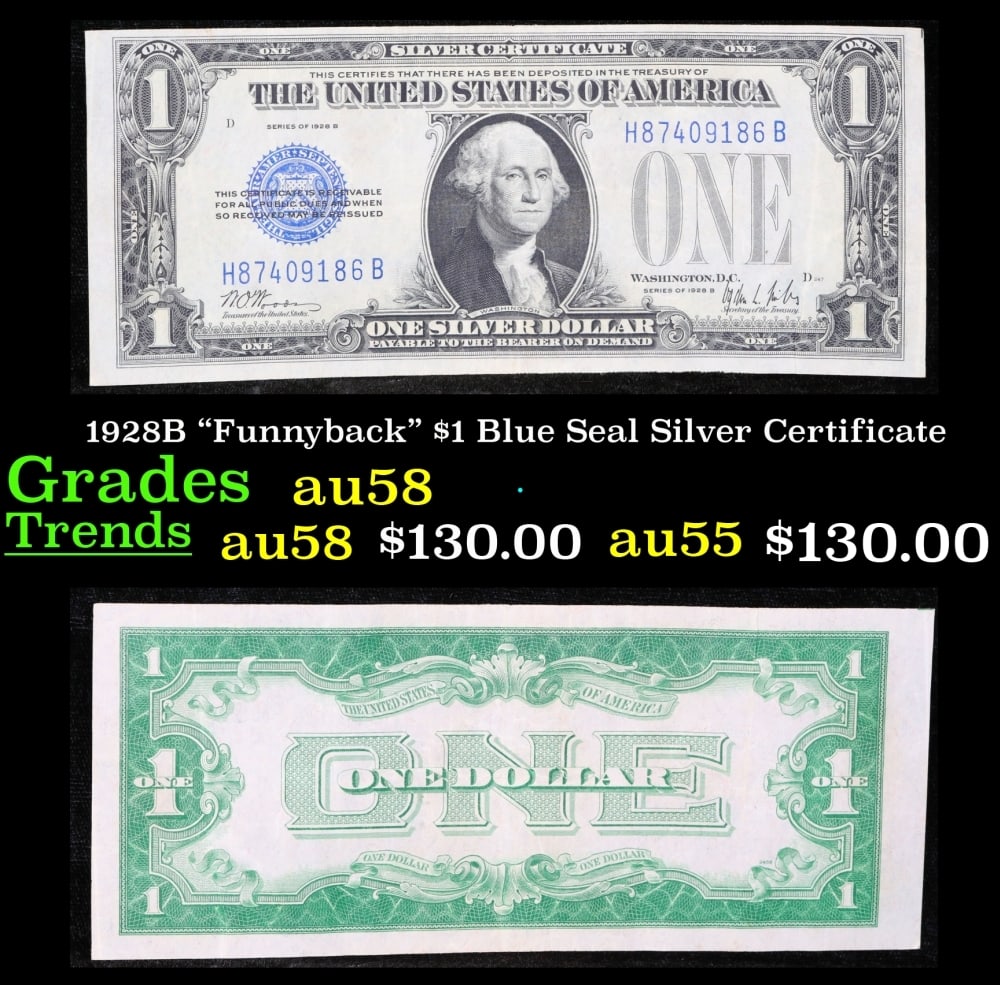 1928B $1 Blue Seal Silver Certificate "Funnyback" Grades Choice AU/BU Slider: 1928B $1 Blue Seal Silver Certificate "Funnyback" Grades Choice AU/BU Slider. FR-1602 Signatures Woods-Mills These were the first notes to be called funnybacks. The reason they are called funnybacks i