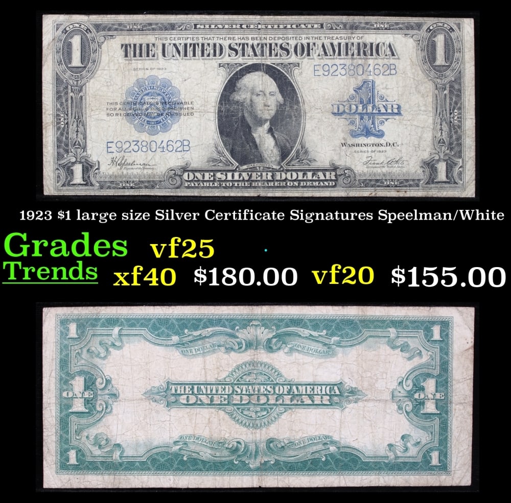 1923 $1 large size Silver Certificate Grades vf+ Signatures Speelman/White: 1923 $1 large size Silver Certificate Grades vf+ Signatures Speelman/White. Fr-237 The term “horse blanket” gets used a lot when talking about large size currency. It is most frequently used t