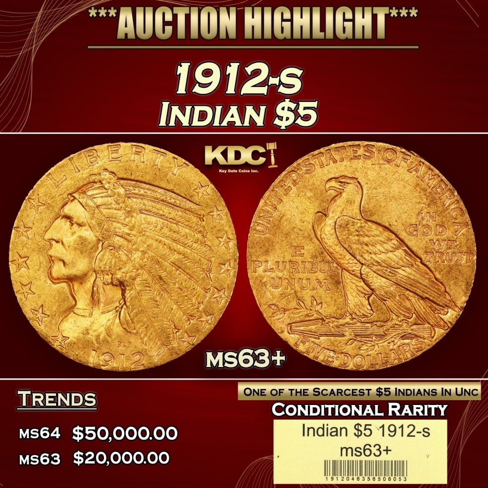 1912-s Gold Indian Half Eagle $5 ms63+ USCG: 1912-s Gold Indian Half Eagle $5 ms63+ USCG. This is a boldly colored example displaying rose-honey surfaces. It is also sharply struck in most areas with pleasing satin luster. The S mintmark is typi