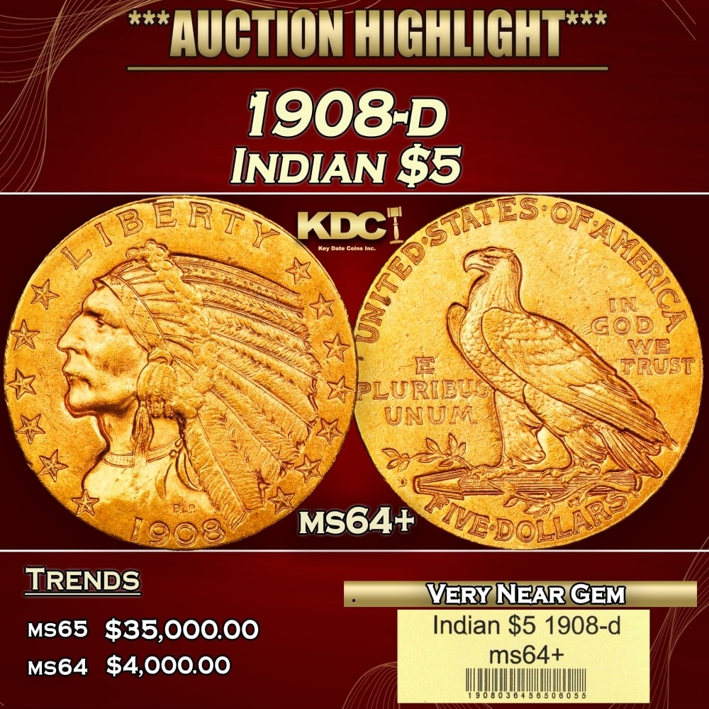 1908-d Gold Indian Half Eagle $5 ms64+ USCG: 1908-d Gold Indian Half Eagle $5 ms64+ USCG. Historic precious metal trends is causing increased spot pricing by the day. On auctions with set openings, we are doing our best to have items priced at t