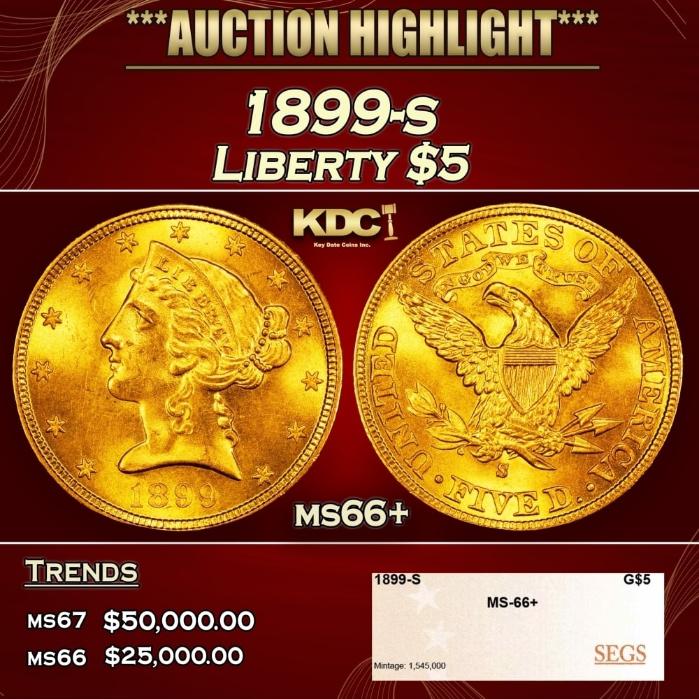 1899-s Gold Liberty Half Eagle $5 ms66+ SEGS: 1899-s Gold Liberty Half Eagle $5 ms66+ SEGS. 0