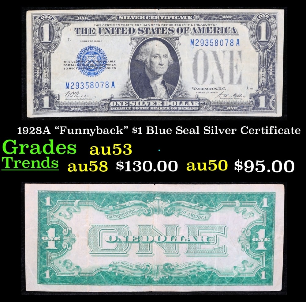 1928A $1 Blue Seal Silver Certificate "Funnyback" Grades Select AU: 1928A $1 Blue Seal Silver Certificate "Funnyback" Grades Select AU. FR-1601 Signatures Woods-Mellon These were the first notes to be called funnybacks. The reason they are called funnybacks is because