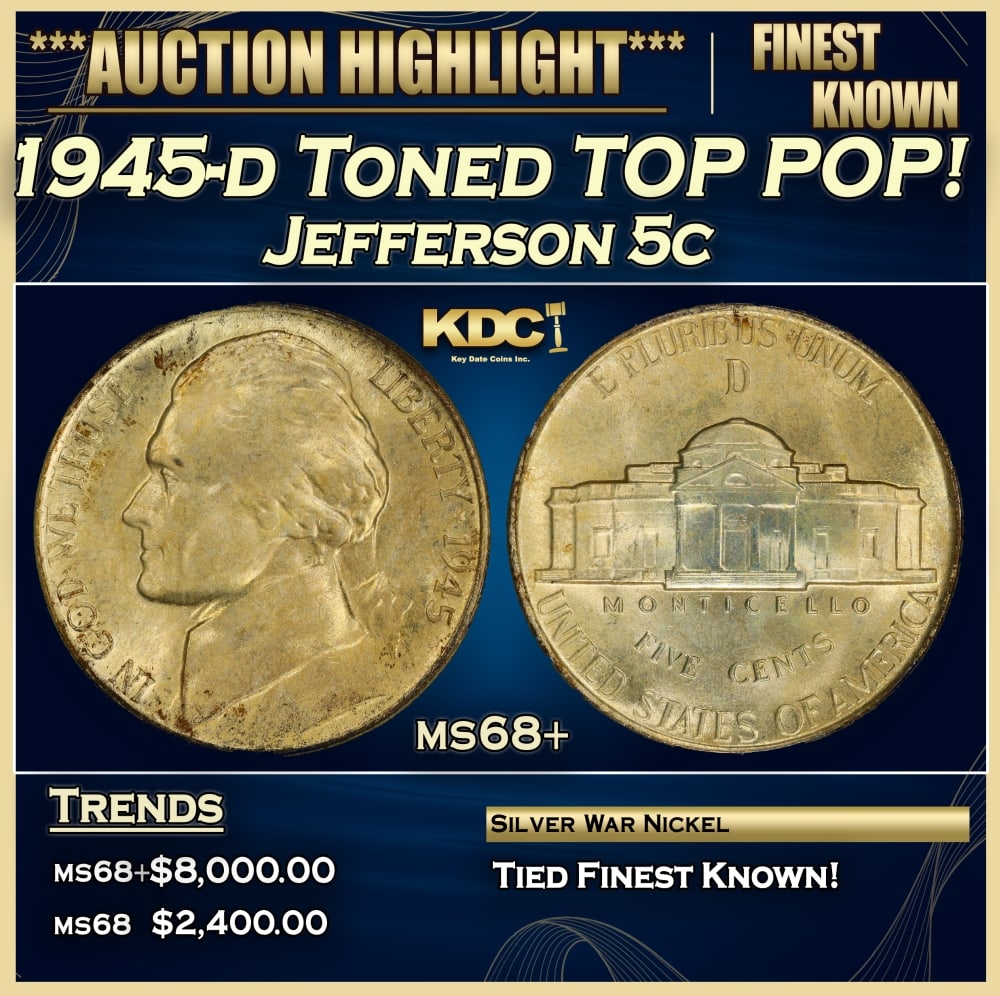1945-d Jefferson Nickel Toned TOP POP! 5c ms68+ SEGS: 1945-d Toned TOP POP! Jefferson Nickel 5c ms68+ SEGS. 0