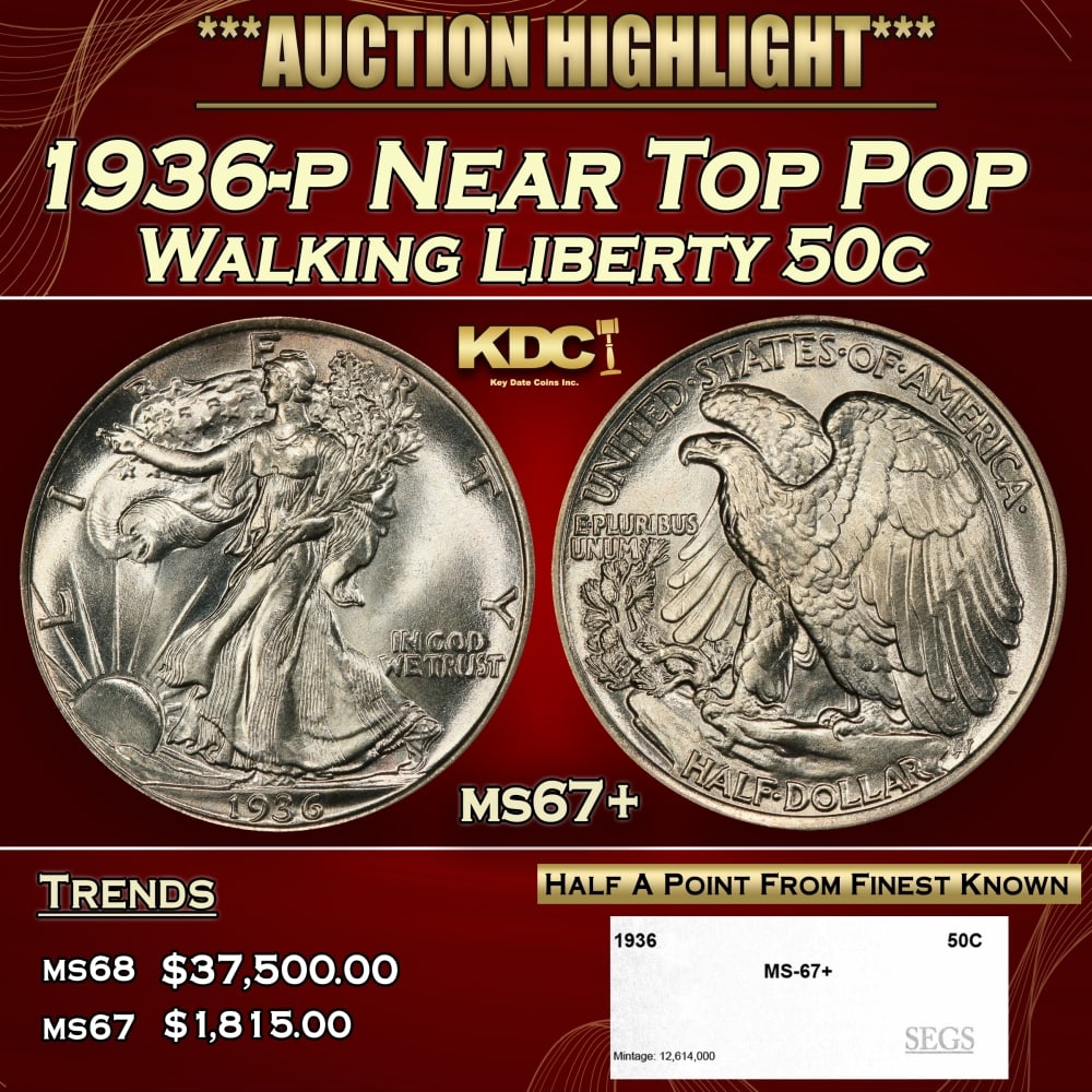 1936-p Walking Liberty Half Dollar Near Top Pop 50c ms67+ SEGS: 1936-p Near Top Pop Walking Liberty Half Dollar 50c ms67+ SEGS. 0