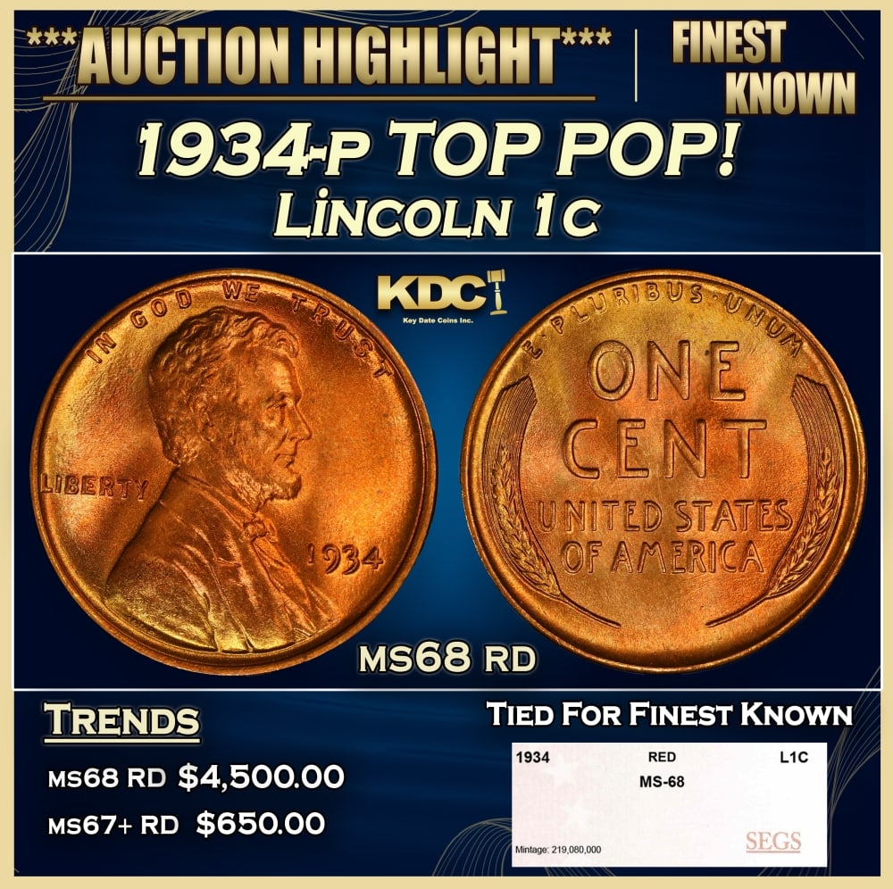 1934-p Lincoln Cent TOP POP! 1c ms68 rd SEGS: 1934-p TOP POP! Lincoln Cent 1c ms68 rd SEGS. 0