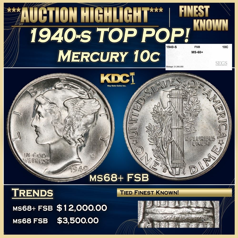 1940-s Mercury Dime TOP POP! 10c ms68+ FSB SEGS: 1940-s TOP POP! Mercury Dime 10c ms68+ FSB SEGS. 0