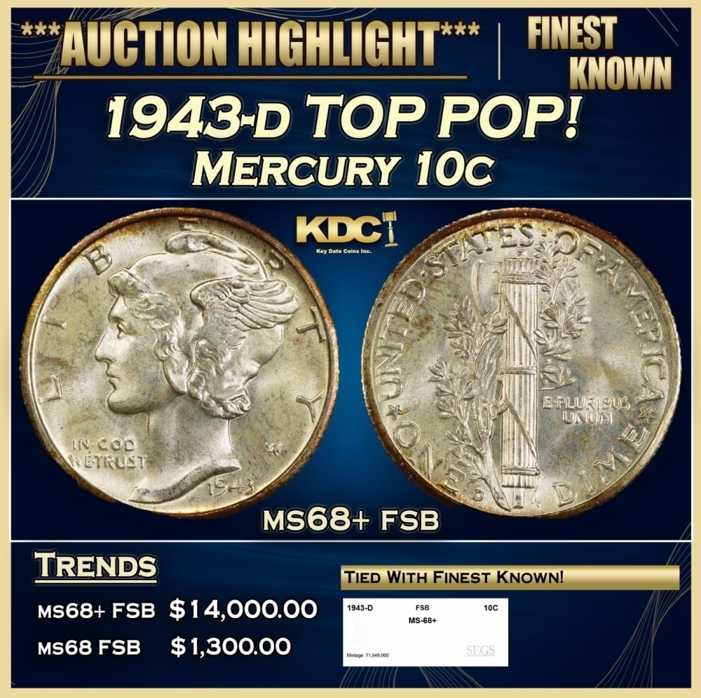 1943-d Mercury Dime TOP POP! 10c ms68+ fsb SEGS: 1943-d TOP POP! Mercury Dime 10c ms68+ fsb SEGS. 0