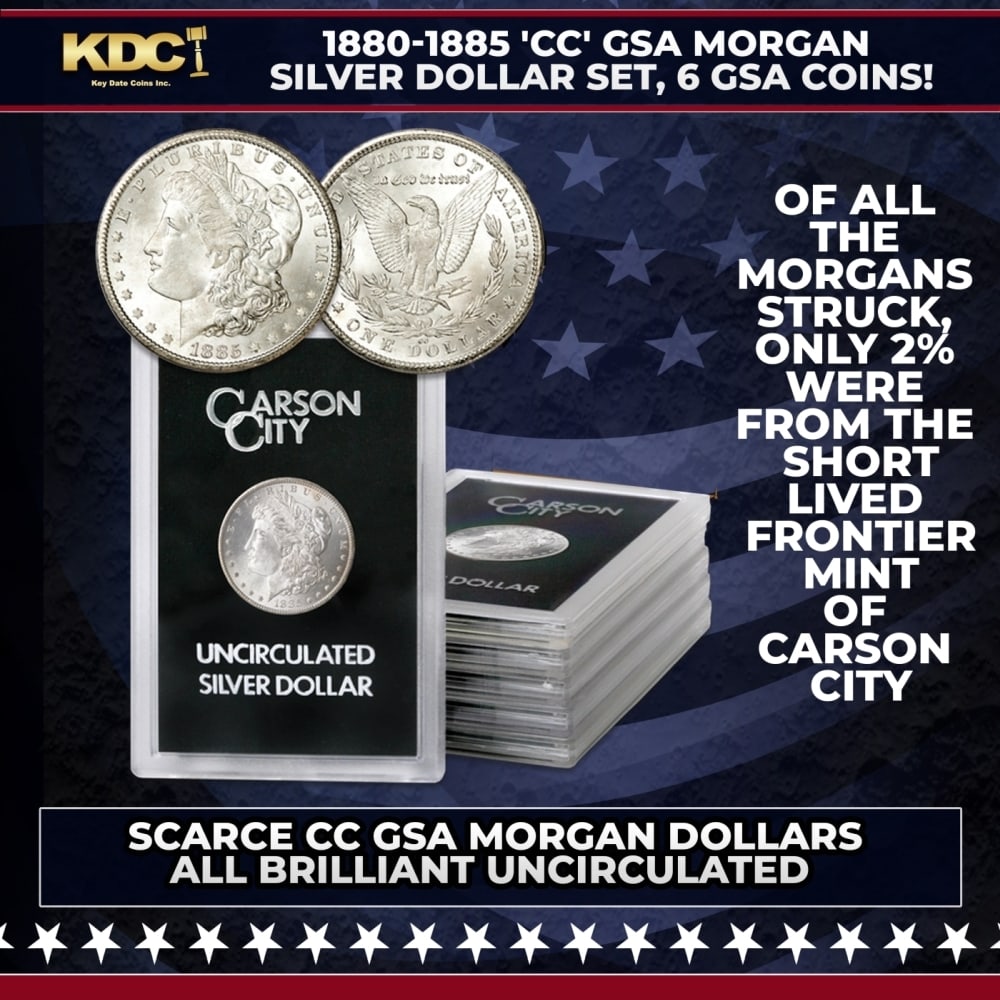1880-1885 'CC' GSA Morgan Silver Dollar Set, 6 GSA Coins!: 1880-1885 'CC' GSA Morgan Silver Dollar Set, 6 GSA Coins!. Now you can own a 6-coin set of scarce "CC" Morgan dollars still sealed in original government holders. Of all the Morgans struck, only 2% we