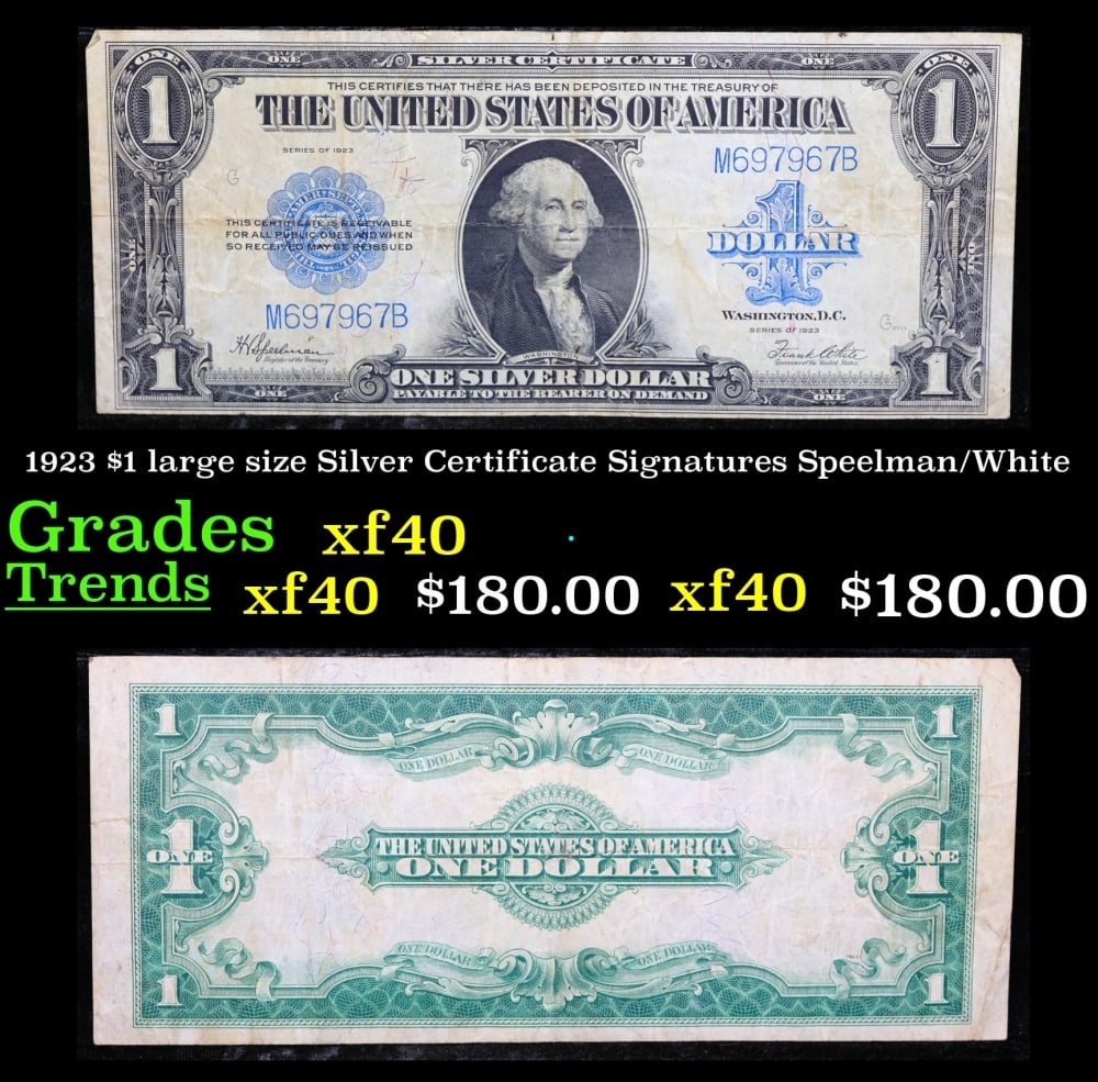 1923 $1 large size Silver Certificate Grades xf Signatures Speelman/White: 1923 $1 large size Silver Certificate Grades xf Signatures Speelman/White. Fr-237 The term “horse blanket” gets used a lot when talking about large size currency. It is most frequently used to