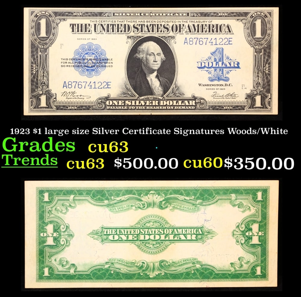 1923 $1 large size Silver Certificate Grades Select CU Signatures Woods/White: 1923 $1 large size Silver Certificate Grades Select CU Signatures Woods/White. Fr-238 The term “horse blanket” gets used a lot when talking about large size currency. It is most frequently use