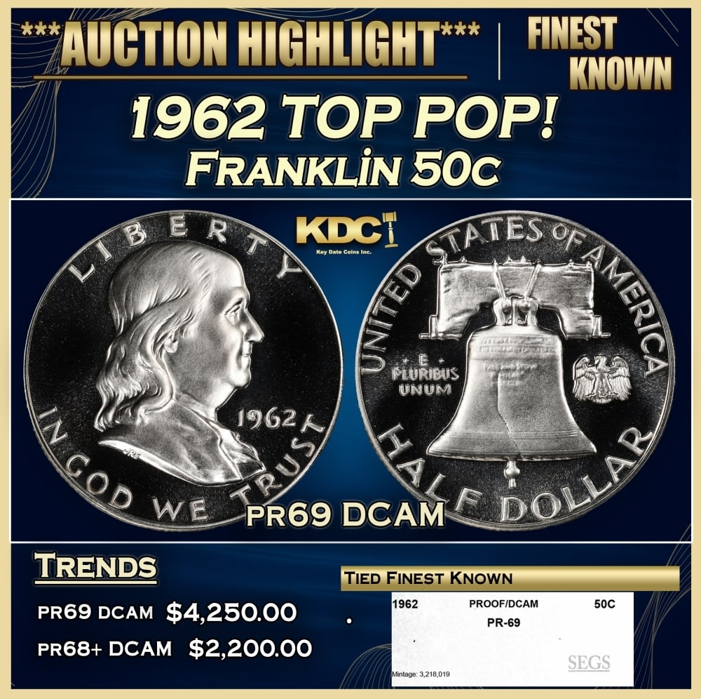 1962 Proof Franklin Half Dollar TOP POP! 50c pr69 DCAM SEGS: 1962 TOP POP! Franklin Half Dollar 50c pr69 DCAM SEGS. Historic precious metal trends is causing increased spot pricing by the day. On auctions with set openings, we are doing our best to have items p