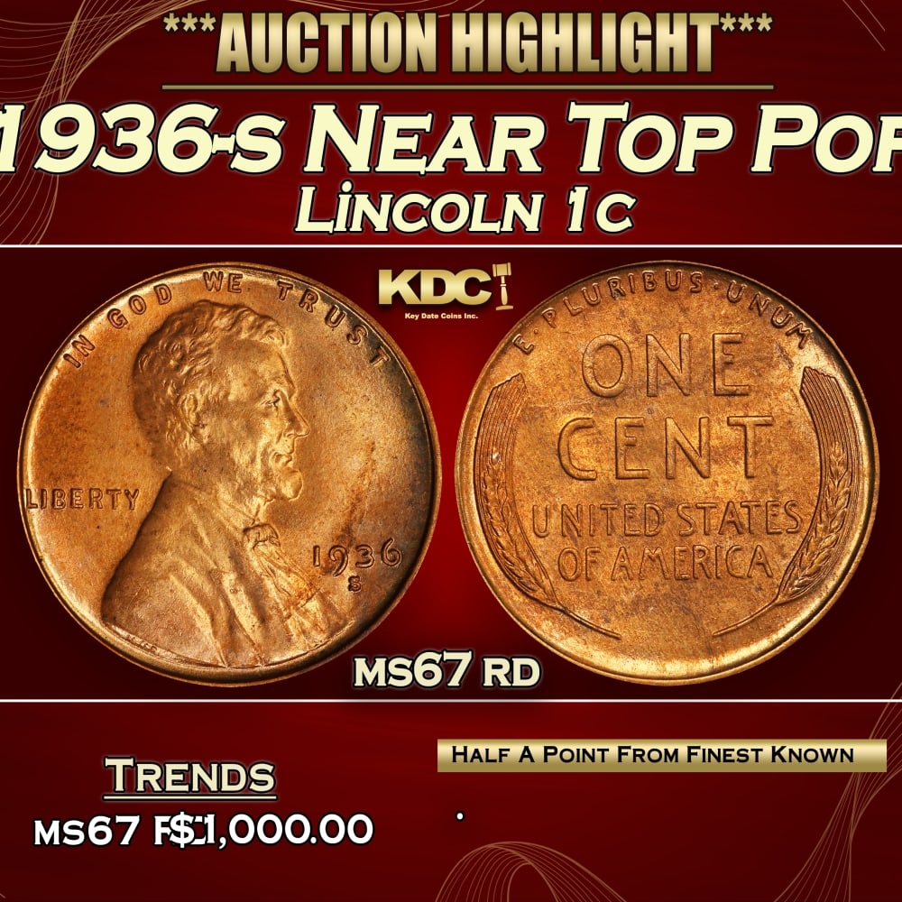 1936-s Lincoln Cent Near Top Pop 1c ms67 rd SEGS: 1936-s Near Top Pop Lincoln Cent 1c ms67 rd SEGS. 0