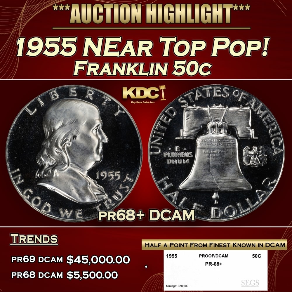 1955 Proof Franklin Half Dollar NEar Top Pop! 50c pr68+ DCAM SEGS: 1955 NEar Top Pop! Franklin Half Dollar 50c pr68+ DCAM SEGS. Historic precious metal trends is causing increased spot pricing by the day. On auctions with set openings, we are doing our best to have i