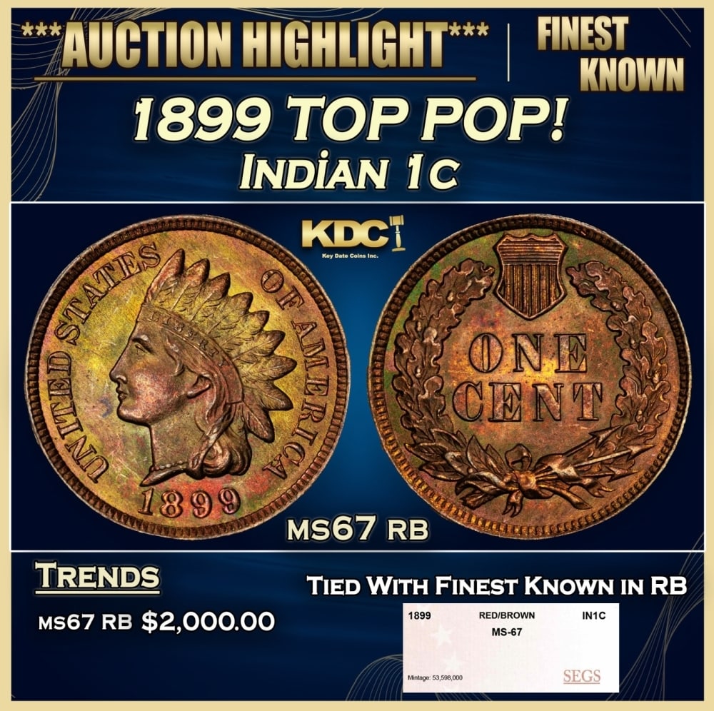 1899 Indian Cent TOP POP! 1c ms67 rb SEGS: 1899 TOP POP! Indian Cent 1c ms67 rb SEGS. 0 Historic precious metal trends is causing increased spot pricing by the day. On auctions with set openings, we are doing our best to have items priced at t
