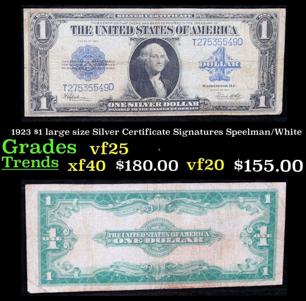 1923 $1 large size Silver Certificate Grades vf+ Signatures Speelman/White: 1923 $1 large size Silver Certificate Grades vf+ Signatures Speelman/White. Fr-237 The term “horse blanket” gets used a lot when talking about large size currency. It is most frequently used t