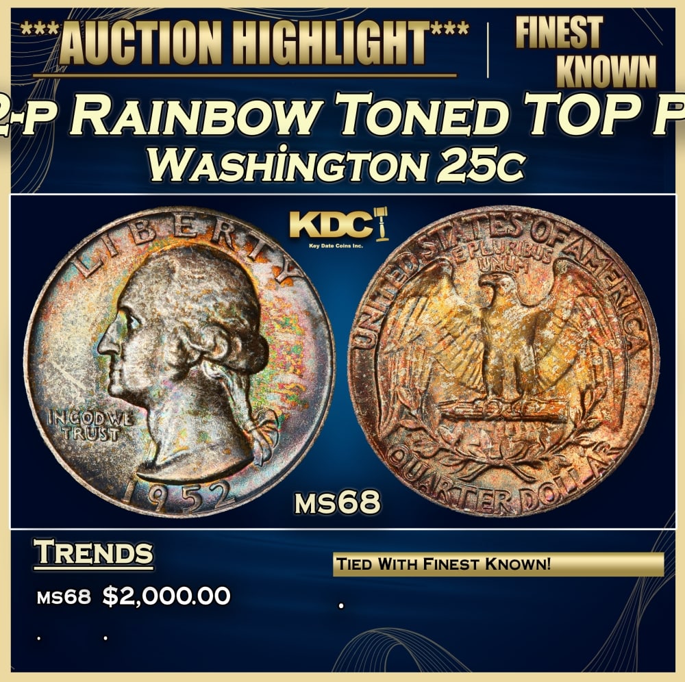 1952-p Washington Quarter Rainbow Toned TOP POP! 25c ms68 SEGS (1 of 4)