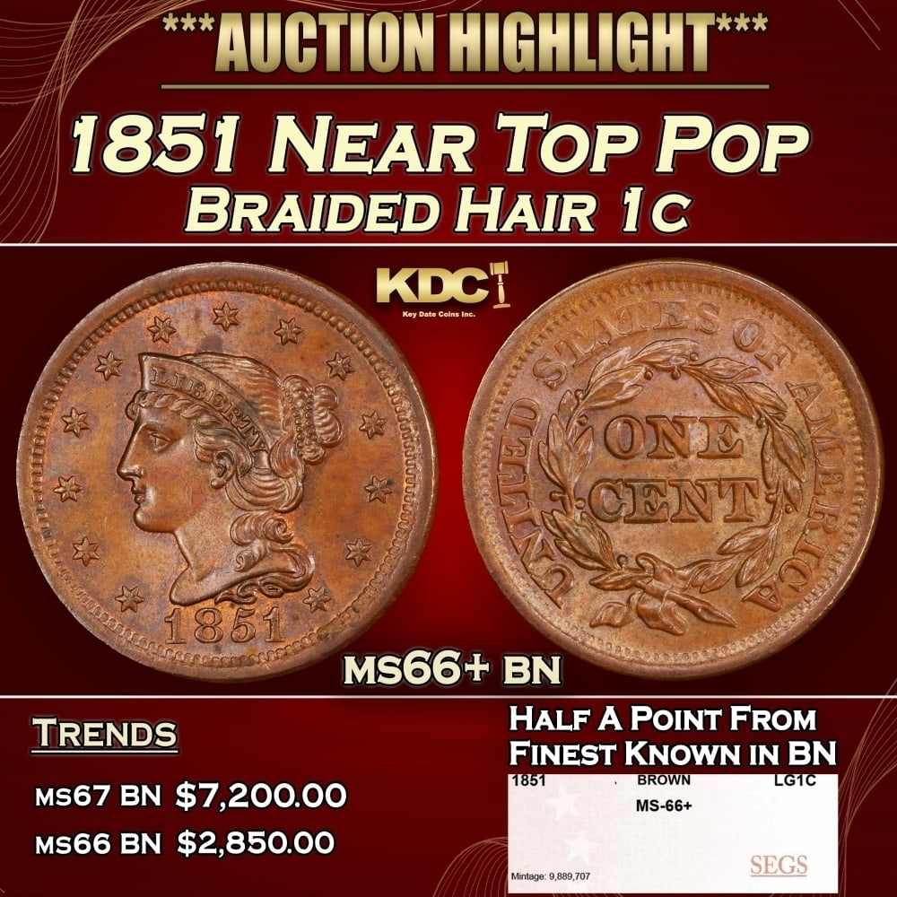 1851 Braided Hair Large Cent Near Top Pop 1c ms66+ bn SEGS: 1851 Near Top Pop Braided Hair Large Cent 1c ms66+ bn SEGS. 0