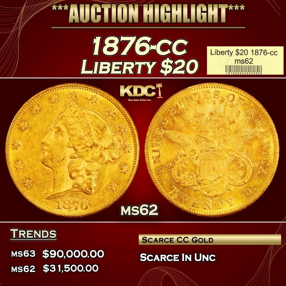 1876-cc Gold Liberty Double Eagle $20 ms62 USCG: 1876-cc Gold Liberty Double Eagle $20 ms62 USCG. 0