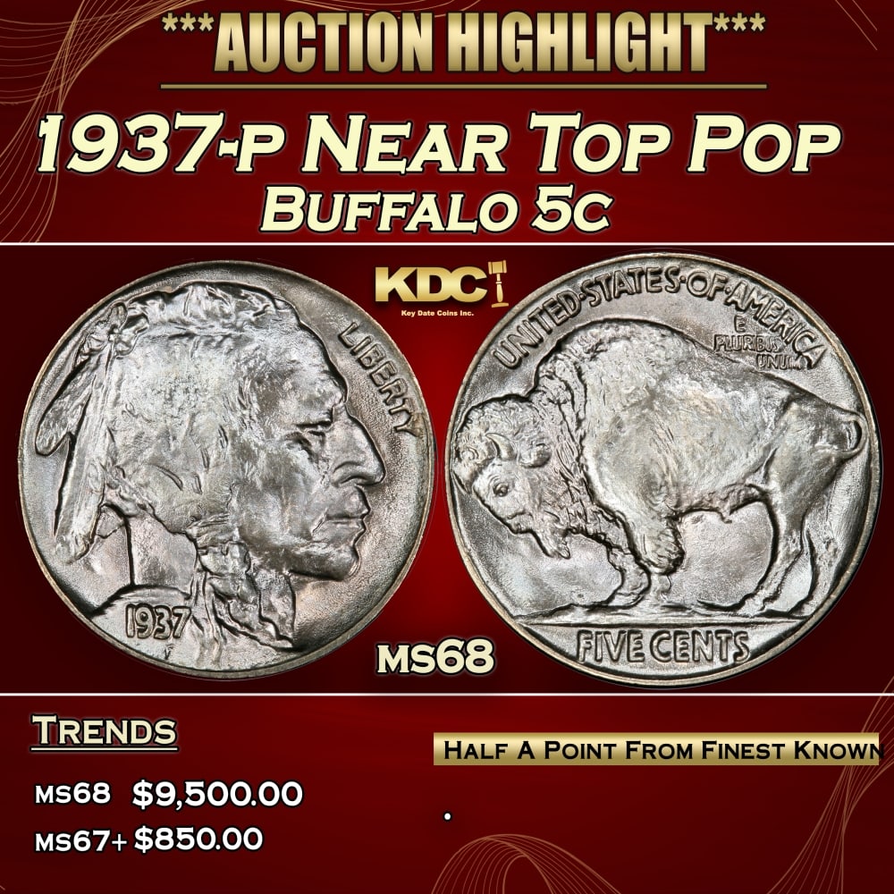 1937-p Buffalo Nickel Near Top Pop 5c ms68 SEGS: 1937-p Near Top Pop Buffalo Nickel 5c ms68 SEGS. 0
