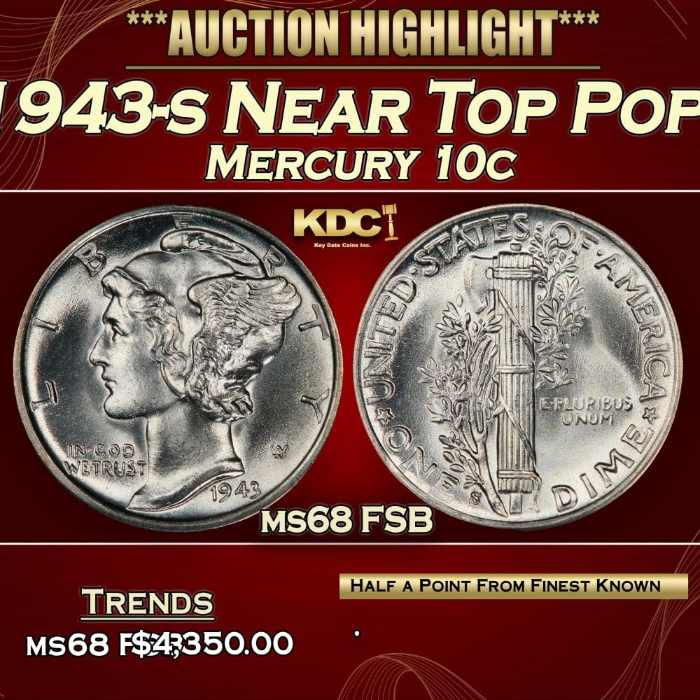 1943-s Mercury Dime Near Top Pop! 10c ms68 FSB SEGS: 1943-s Near Top Pop! Mercury Dime 10c ms68 FSB SEGS. 0
