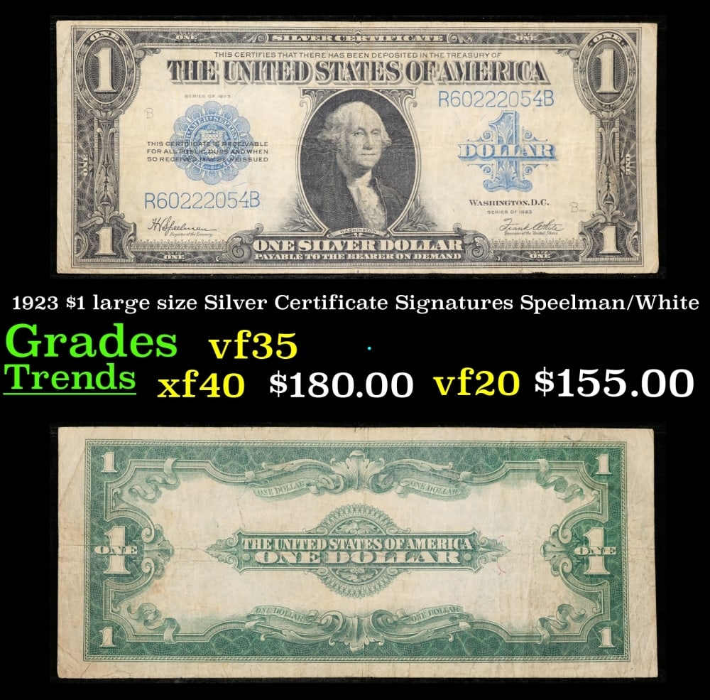 1923 $1 large size Silver Certificate Grades vf++ Signatures Speelman/White: 1923 $1 large size Silver Certificate Grades vf++ Signatures Speelman/White. Fr-237 The term “horse blanket” gets used a lot when talking about large size currency. It is most frequently used