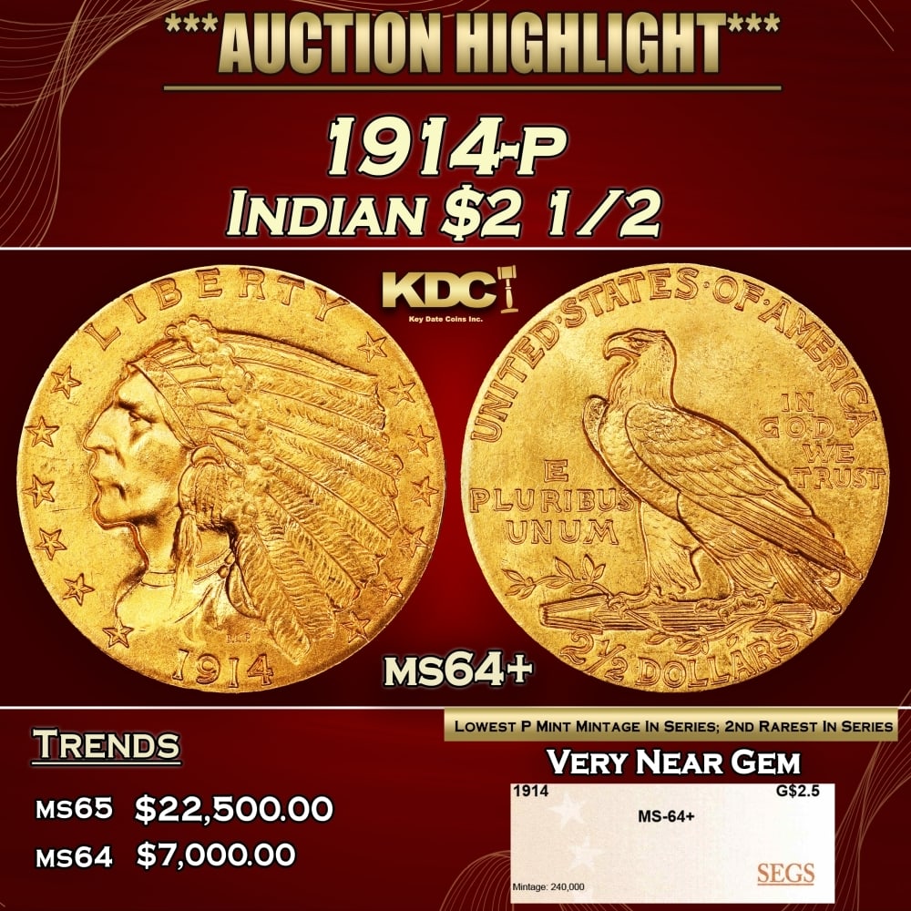 1914-p Gold Indian Quarter Eagle $2 1/2 ms64+ SEGS: 1914-p Gold Indian Quarter Eagle $2 1/2 ms64+ SEGS. The 1914 Indian quarter eagle boasts the lowest mintage of any Philadelphia issue of the series, at a mere 240,000 pieces. The 1914 is also widely c