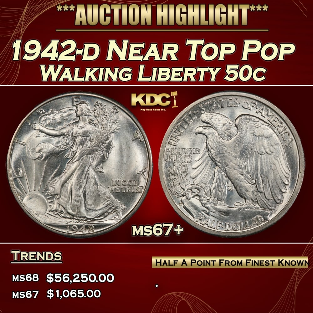 1942-d Walking Liberty Half Dollar Near Top Pop 50c ms67+ SEGS: 1942-d Near Top Pop Walking Liberty Half Dollar 50c ms67+ SEGS. 0
