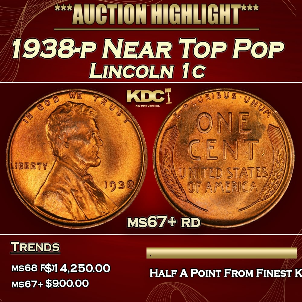 1938-p Lincoln Cent Near Top Pop 1c ms67+ rd SEGS: 1938-p Near Top Pop Lincoln Cent 1c ms67+ rd SEGS. 0