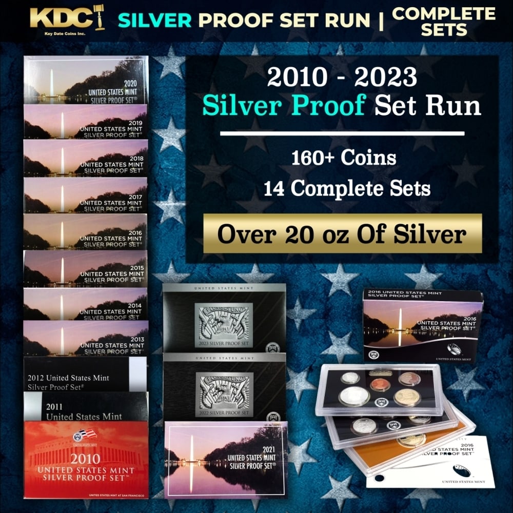 2010-2023 US Mint Silver Proof Sets, 168 Coins Total, 14 Complete Sets Over 20oz Of Silver: 2010-2023 US Mint Silver Proof Sets, 168 Coins Total, 14 Complete Sets Over 20oz Of Silver. 2009-2023 US Mint Silver Proof Sets, 184 Coins Total, 15 Complete Sets. The 2009 Silver Proof Set contained