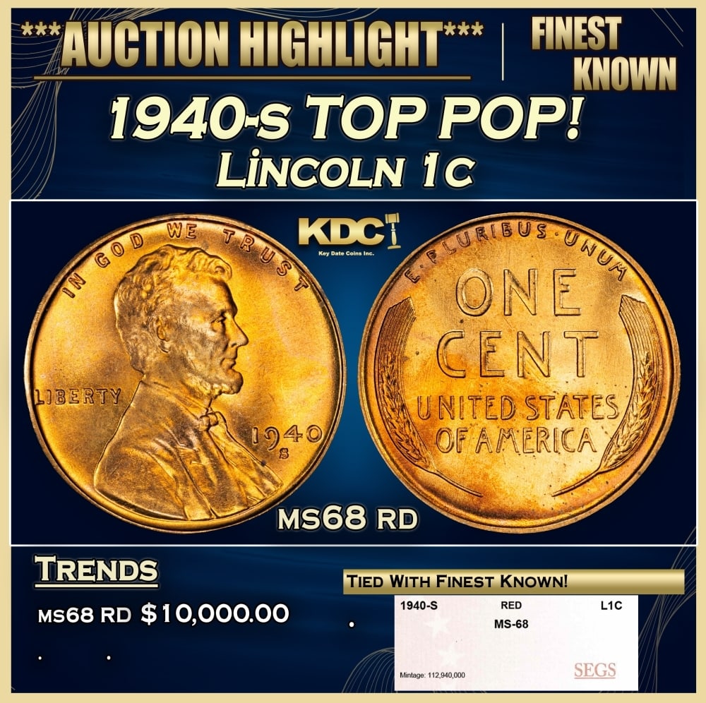 1940-s Lincoln Cent TOP POP! 1c ms68 rd SEGS: 1940-s TOP POP! Lincoln Cent 1c ms68 rd SEGS. 0