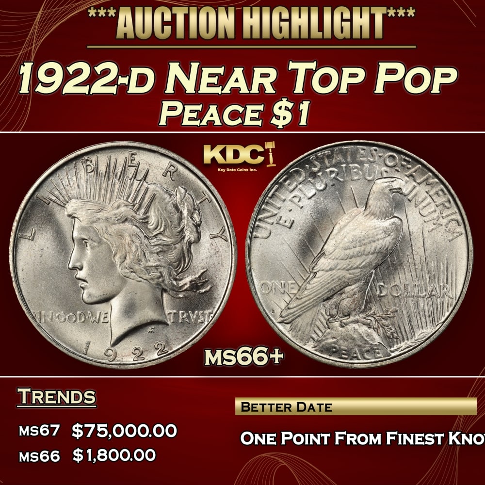 1922-d Peace Dollar Near Top Pop $1 ms66+ SEGS: 1922-d Near Top Pop Peace Dollar $1 ms66+ SEGS. 0