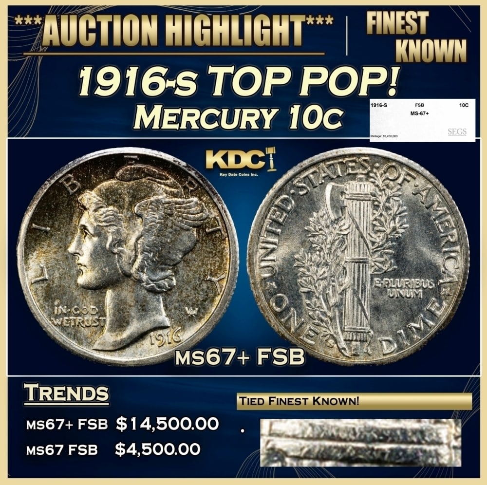 1916-s Mercury Dime TOP POP! 10c ms67+ FSB SEGS: 1916-s TOP POP! Mercury Dime 10c ms67+ FSB SEGS. 0
