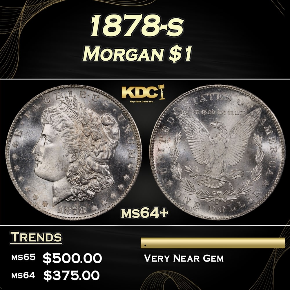 1878-s Morgan Dollar $1 Grades ms64+: 1878-s Morgan Dollar $1 Grades ms64+. Slightly better date. First year of issue. 0