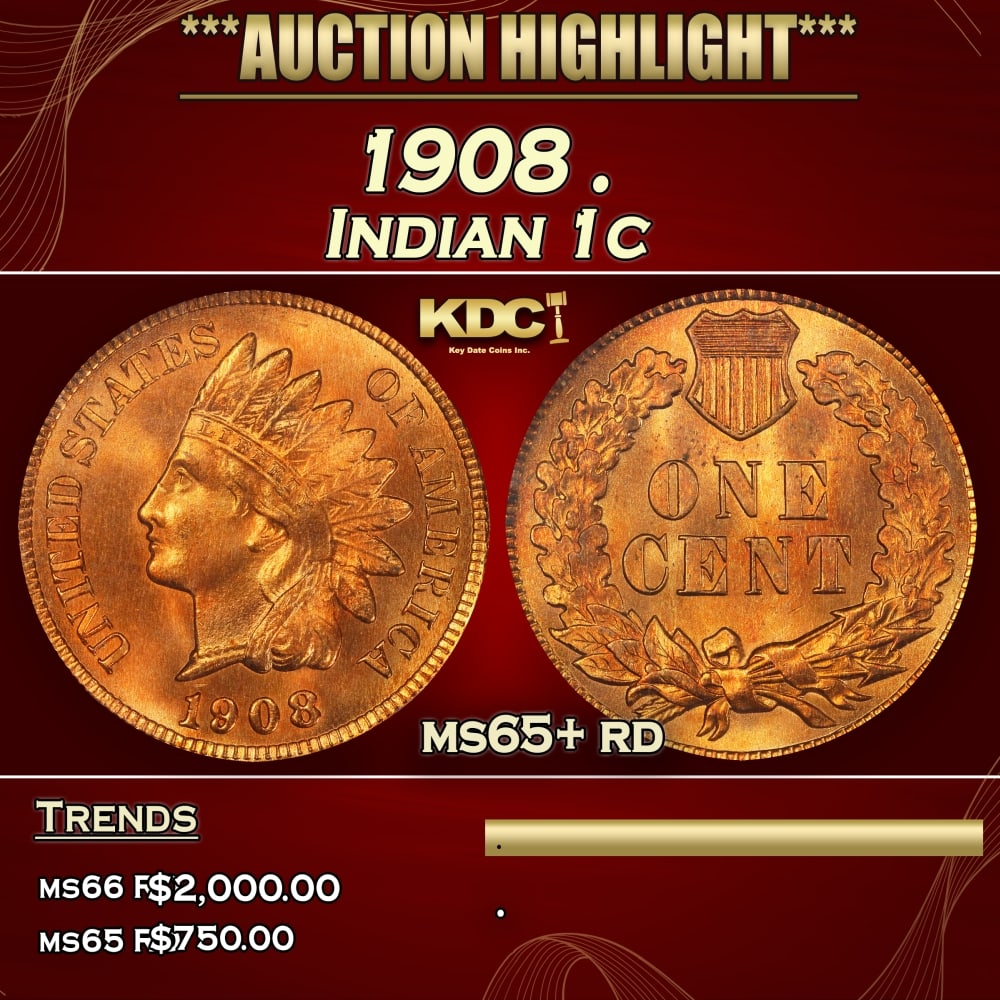 1908 Indian Cent . 1c ms65+ rd SEGS: 1908 . Indian Cent 1c ms65+ rd SEGS. 0