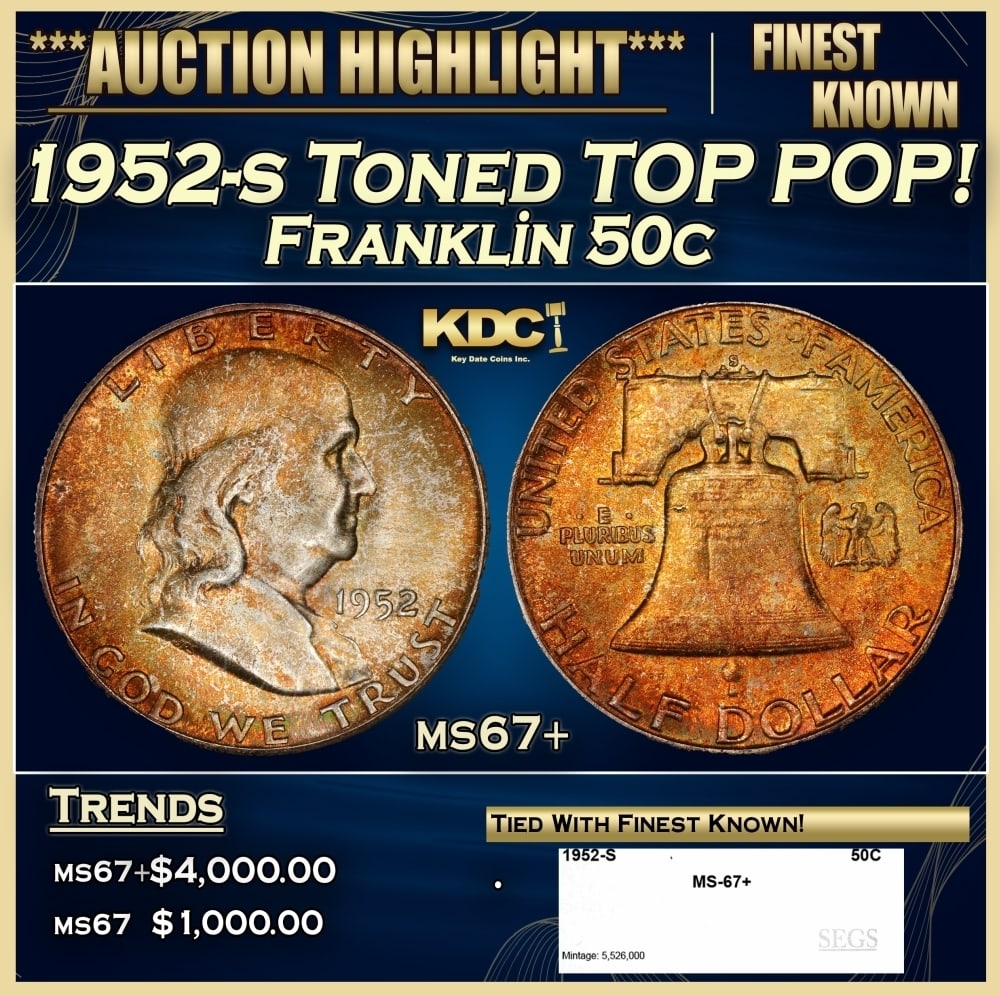 1952-s Franklin Half Dollar Toned TOP POP! 50c ms67+ SEGS: 1952-s Toned TOP POP! Franklin Half Dollar 50c ms67+ SEGS. 0
