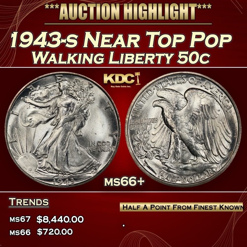 1943-s Walking Liberty Half Dollar Near Top Pop 50c ms66+ SEGS: 1943-s Near Top Pop Walking Liberty Half Dollar 50c ms66+ SEGS. 0