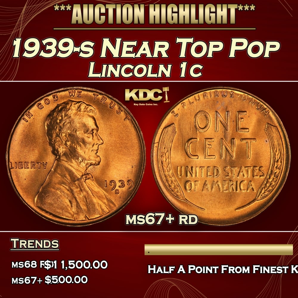 1939-s Lincoln Cent Near Top Pop 1c ms67+ rd SEGS: 1939-s Near Top Pop Lincoln Cent 1c ms67+ rd SEGS. 0