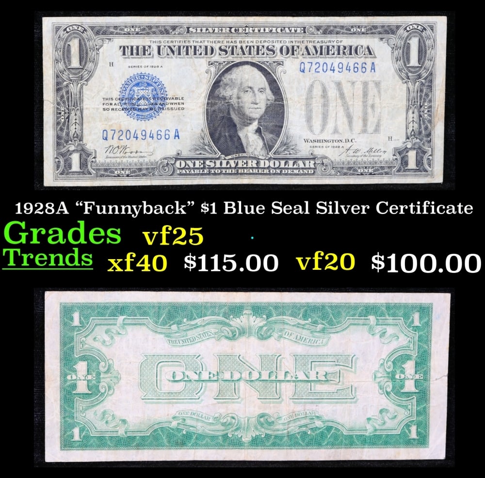 1928A $1 Blue Seal Silver Certificate "Funnyback" Grades vf+: 1928A $1 Blue Seal Silver Certificate "Funnyback" Grades vf+. FR-1601 Signatures Woods-Mellon These were the first notes to be called funnybacks. The reason they are called funnybacks is because of th