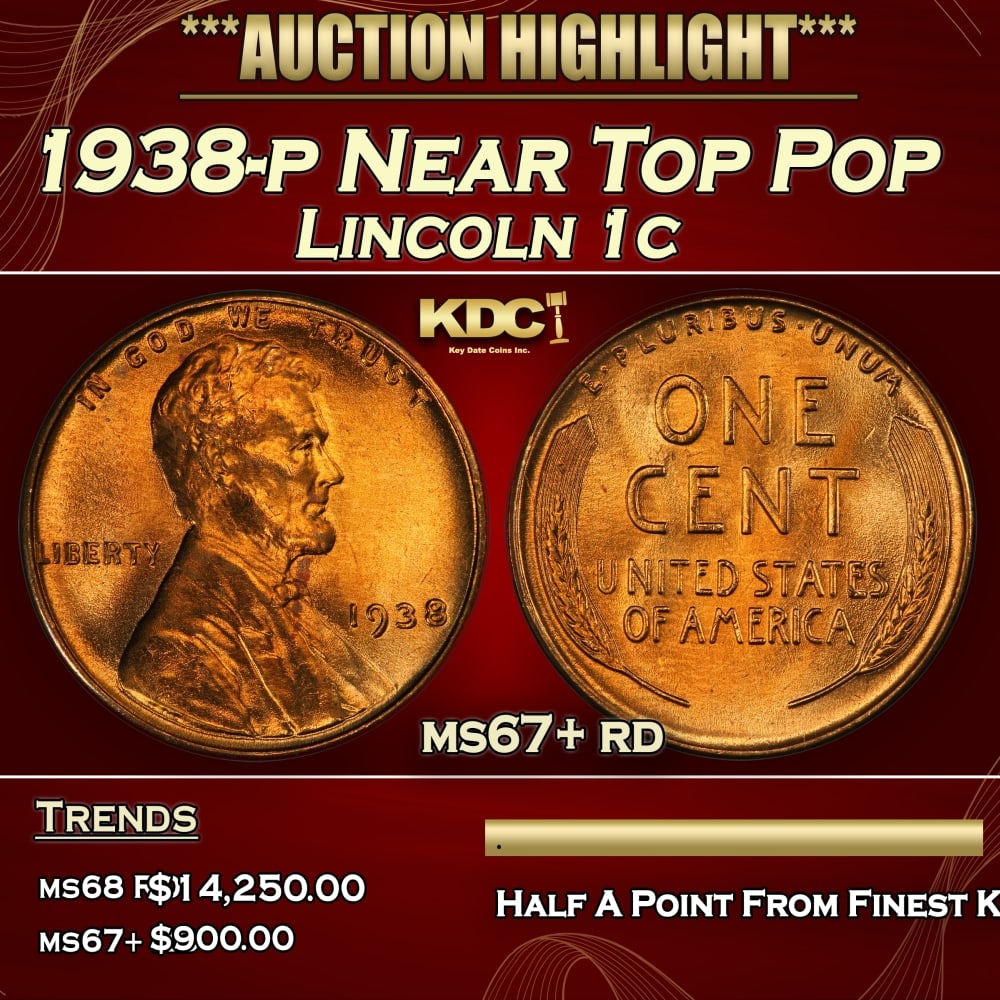 1938-p Lincoln Cent Near Top Pop 1c ms67+ rd SEGS: 1938-p Near Top Pop Lincoln Cent 1c ms67+ rd SEGS. 0