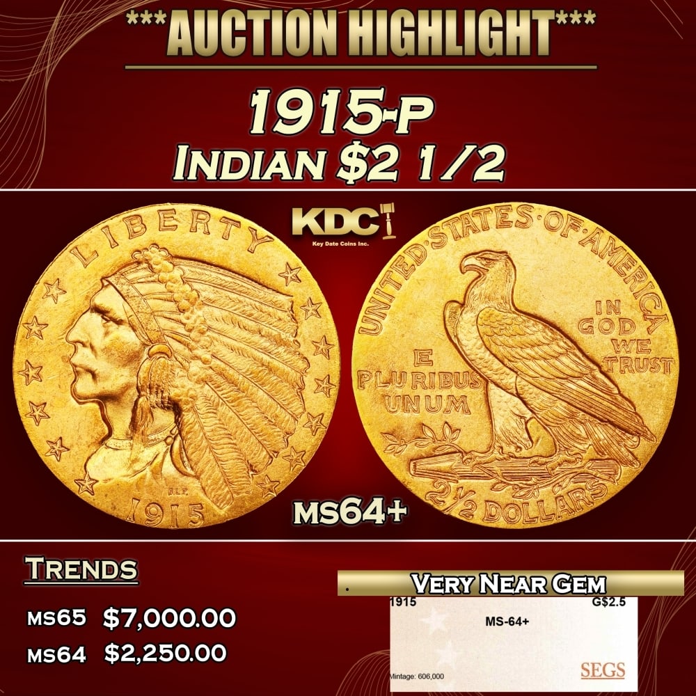 1915-p Gold Indian Quarter Eagle $2 1/2 ms64+ SEGS: 1915-p Gold Indian Quarter Eagle $2 1/2 ms64+ SEGS. Historic precious metal trends is causing increased spot pricing by the day. On auctions with set openings, we are doing our best to have items pric