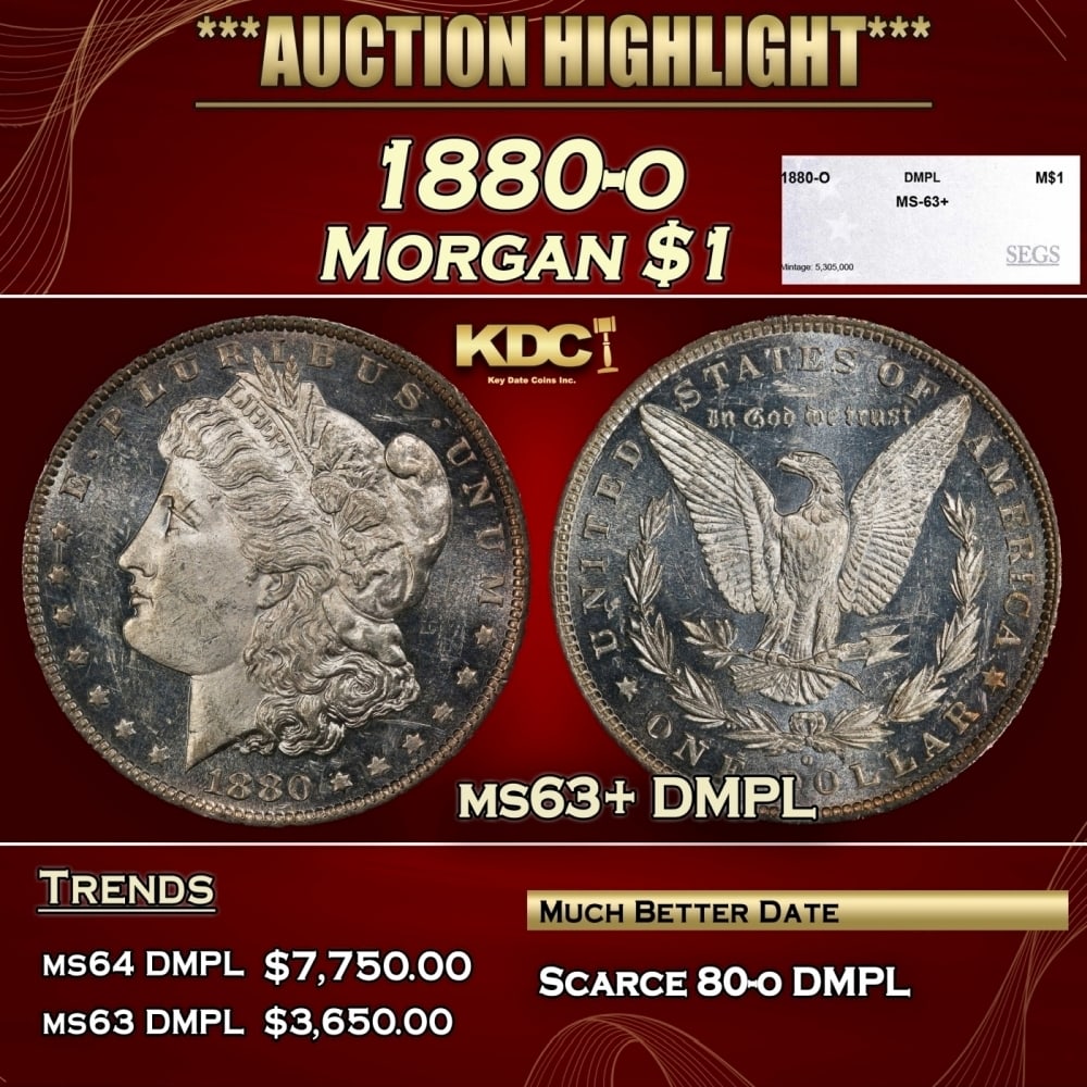 1880-o Morgan Dollar $1 ms63+ DMPL SEGS: 1880-o Morgan Dollar $1 ms63+ DMPL SEGS. 0