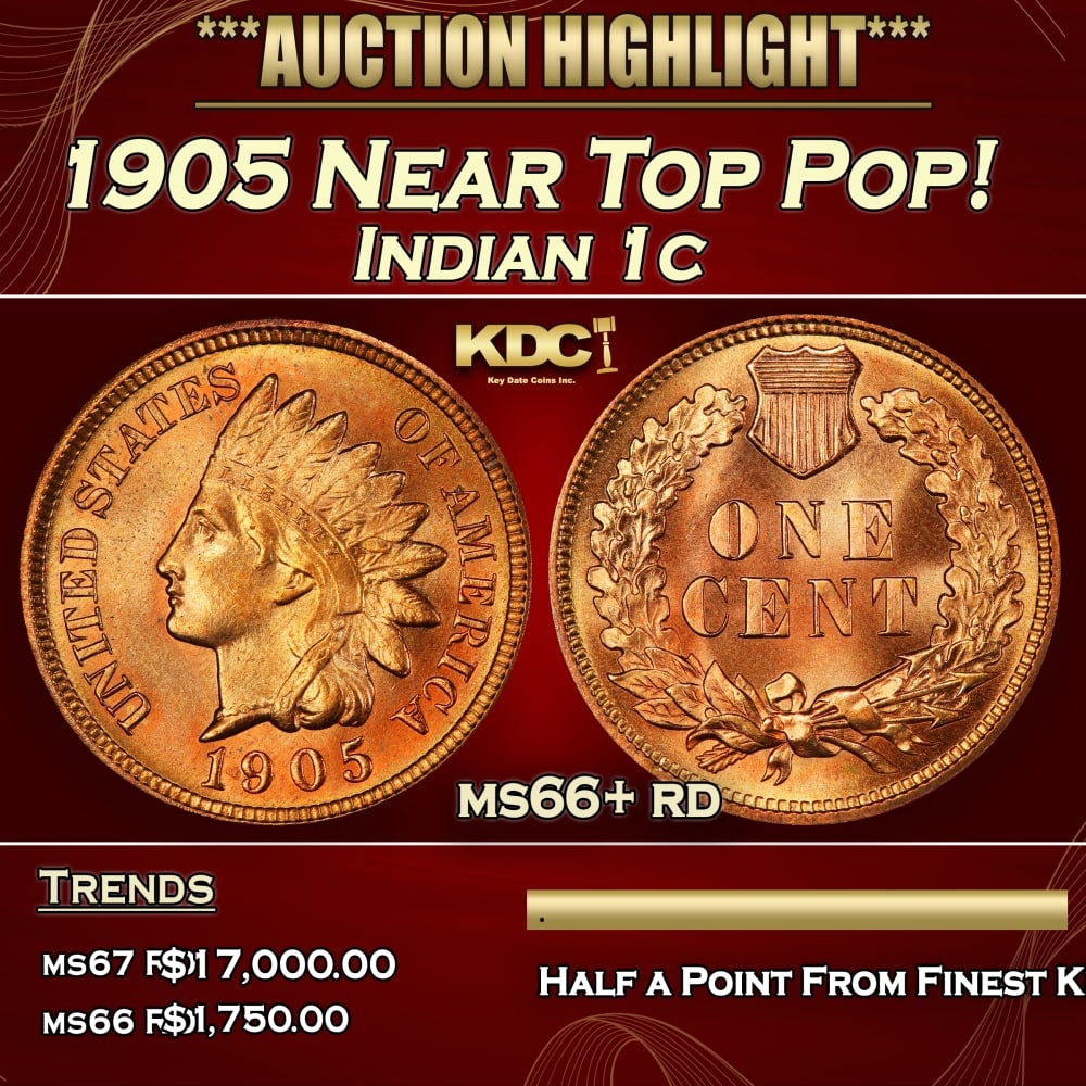 1905 Indian Cent Near Top Pop! 1c ms66+ rd SEGS: 1905 Near Top Pop! Indian Cent 1c ms66+ rd SEGS. 0
