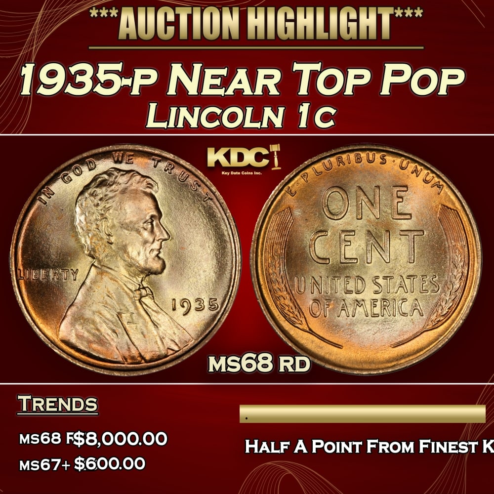 1935-p Lincoln Cent Near Top Pop 1c ms68 rd SEGS: 1935-p Near Top Pop Lincoln Cent 1c ms68 rd SEGS. A Key Date's Pick, Bid to Win, Don't let it get Away, you might not find its equal Coin